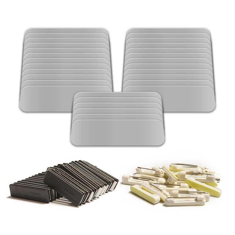 Blank Name Tag with Pin Fasteners 25pk Kit Includes Magnet | Metal Name Tags with 1" x 3"Rounded Finished Corners - (Shiny Silver)