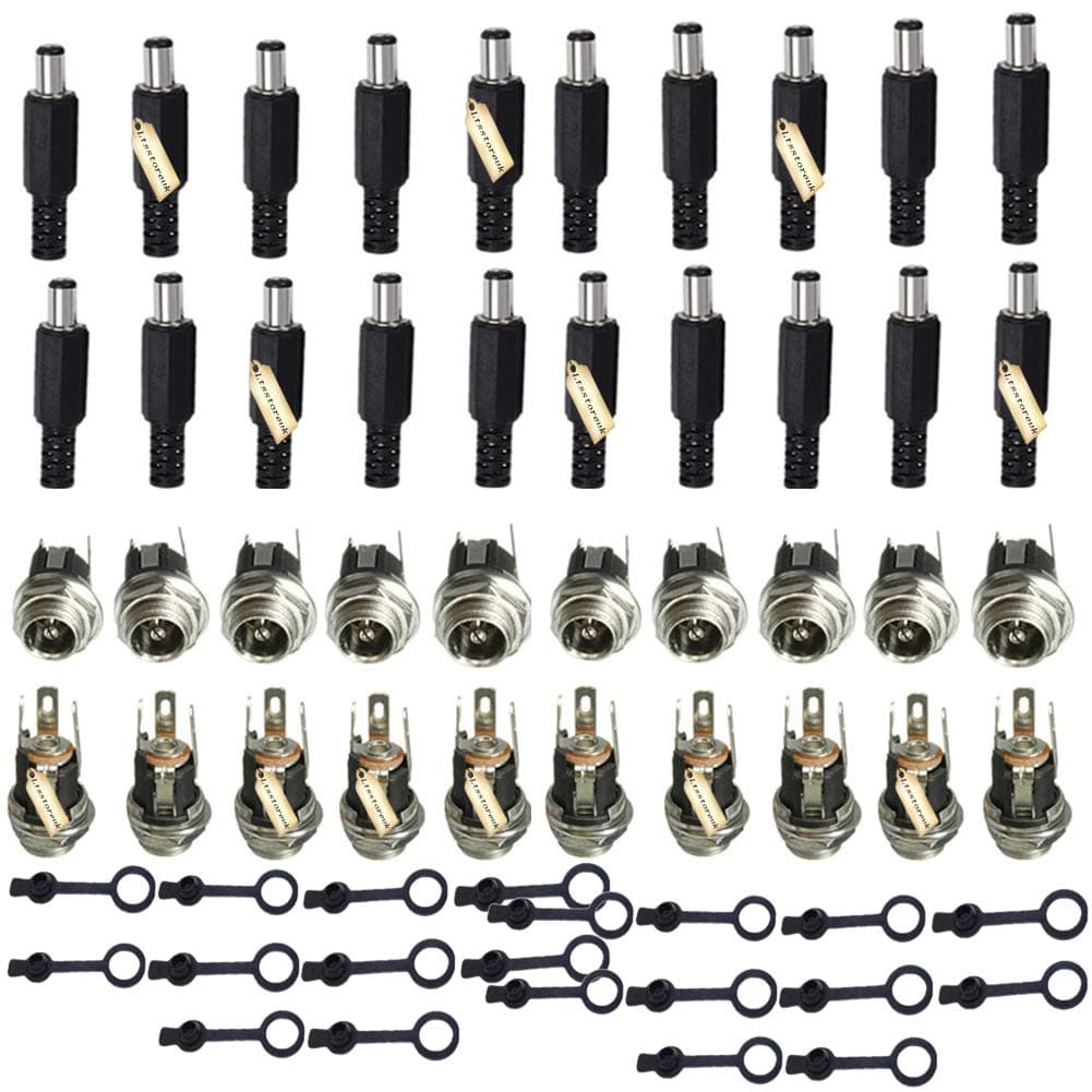 5.5MM x 2.5MM 20Pack Male DC Power Plug Solder Power Jack Adapter Connector + 20 Pack 5.5MM x 2.5MM Female DC Panel Socket Mount Adapter Solder+ 20Pack Rubber Protector Caps for Audio/Video/Phone/CCTV