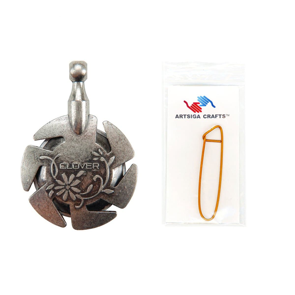 Clover Needlecraft Yarn Cutter Pendant Antique Silver Bundle with 1 Artsiga Crafts Stitch Holder 3106