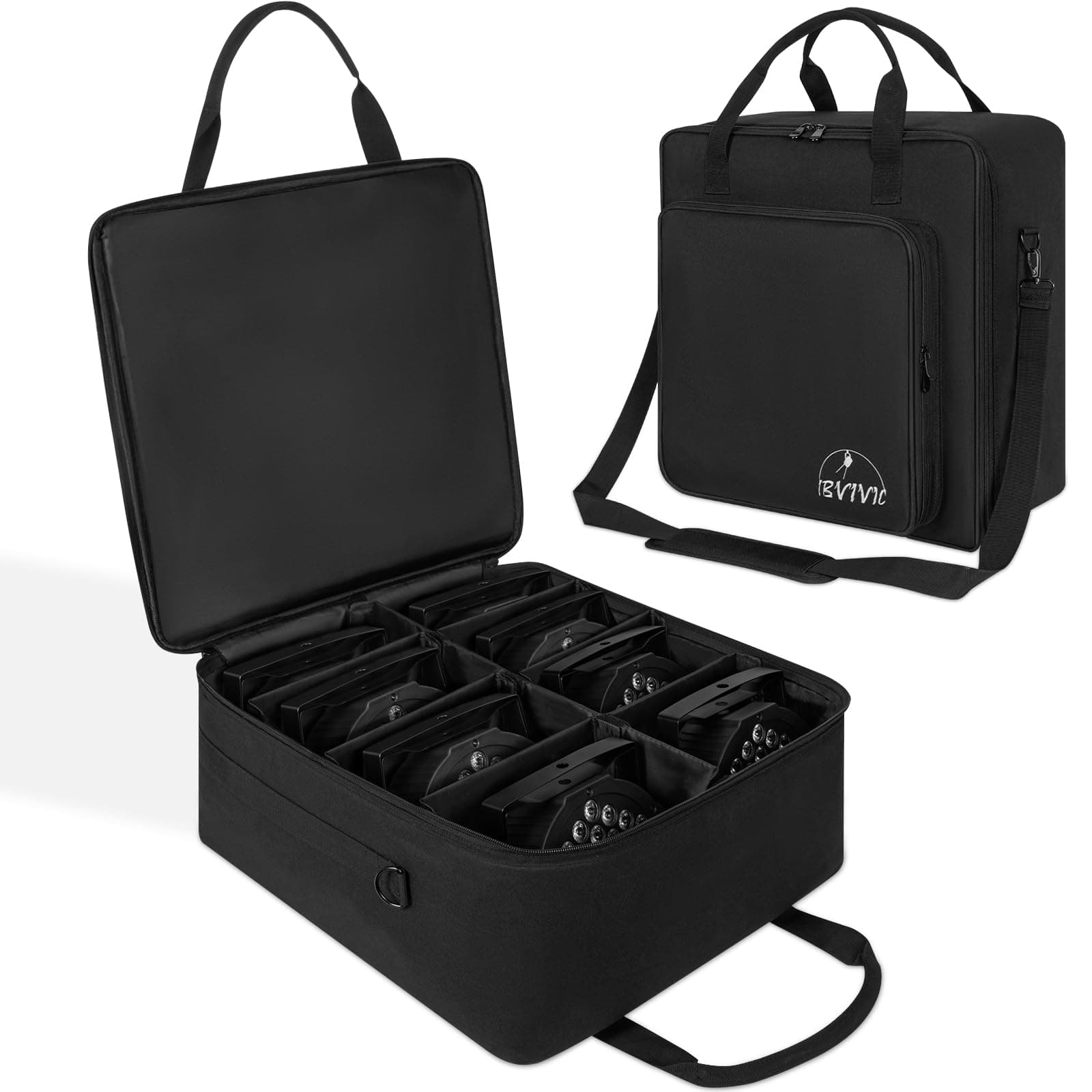 IBVIVIC 8 Par Spotlight Bag Stage Lighting Storage Bag 5/16'' Padded 8 Par Lights Bag with Dividers, Handle, Strap, Black