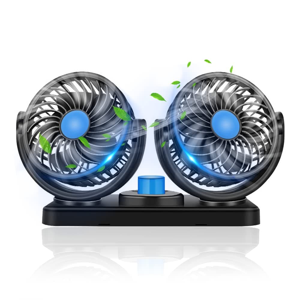 Dual Head Car Fan with Cigarette Lighter Adaptor,2 Speed Strong Quiet Wind+All-Round Adjustment Car Fans that Blow Cold Air Wide Range,Summer Car Essentials Desk Fan for SUV RV Truck Dashboard