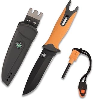 - Fixed Blade Hunting Knife-Stainless Steel Blade,Fixed Blade Knife with Sheath, Fire Starter, Sharpener, Whistle and Compass,Survival Tactical Knife for Hunting,Fishing,Camping and Bushcraft