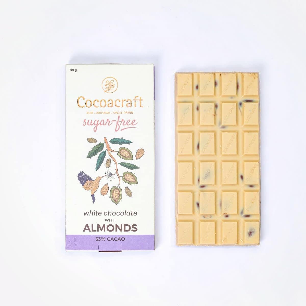 - COCOACRAFT 33% White Chocolate Bar With Almonds-Tempered Slab (80Gram) Sugar Free Chocolate Bar|100% Natural|Handmade Artisanal Couverture From Kerela|Easy For Snacking.