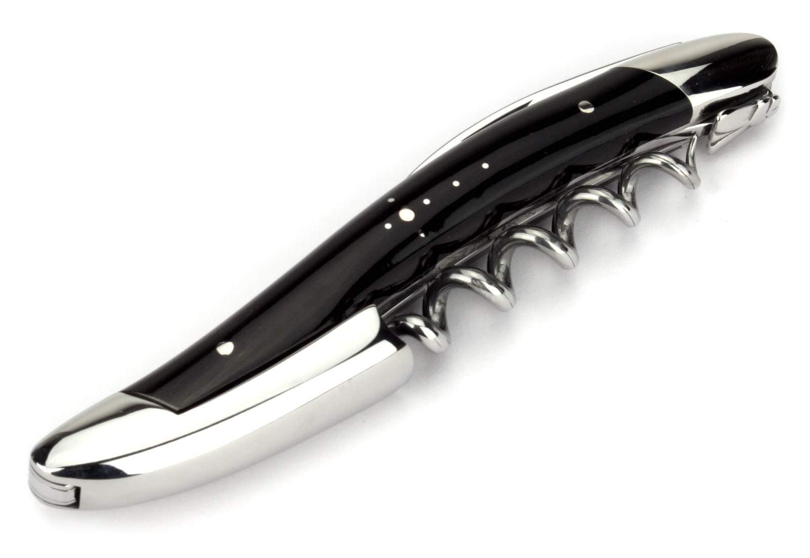 corkscrew sommelier waiters knife - 3 functions - dark buffalo horn tip handle - stainless steel shiny
