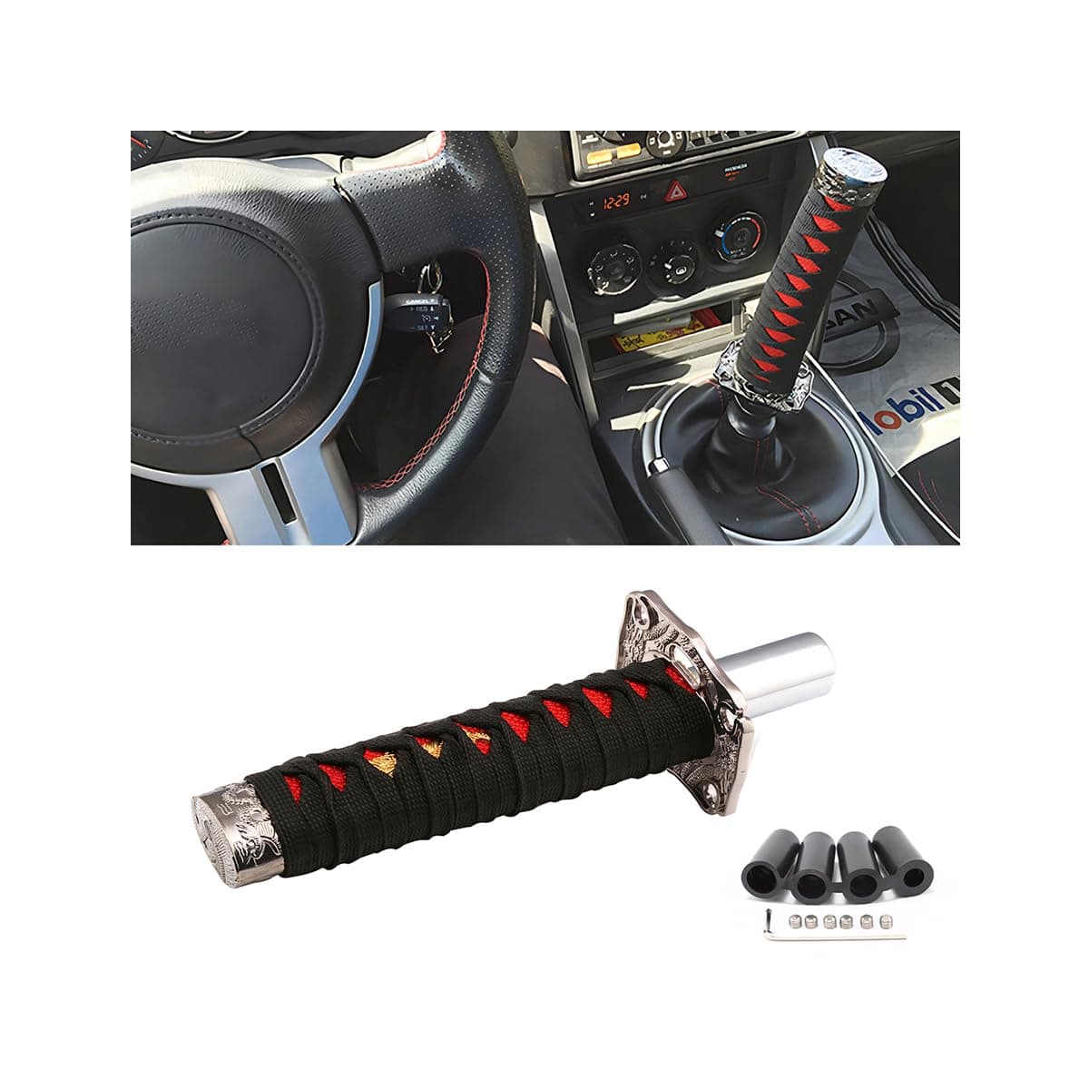 zipelo Samurai Sword Shift Knob, 6 Inch (15cm) Short Gear Shift Knob with 4 Adapters, Samurai Shift Gear Lever for Manual Transmission Cars Most Automatic Transmission Cars(Black/Red)