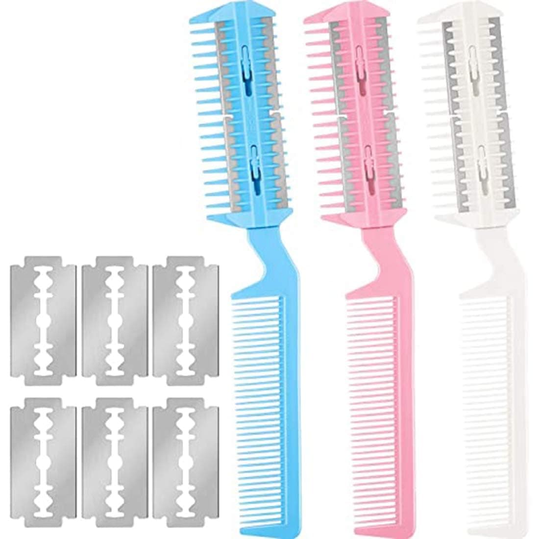 Azonee Candeer 3-Piece Hair Cutting Set: Razor Comb, Cutting Scissors & 10 Razors, Double Edge & Thinning Comb for Slim Haircuts - White, Pink, Blue