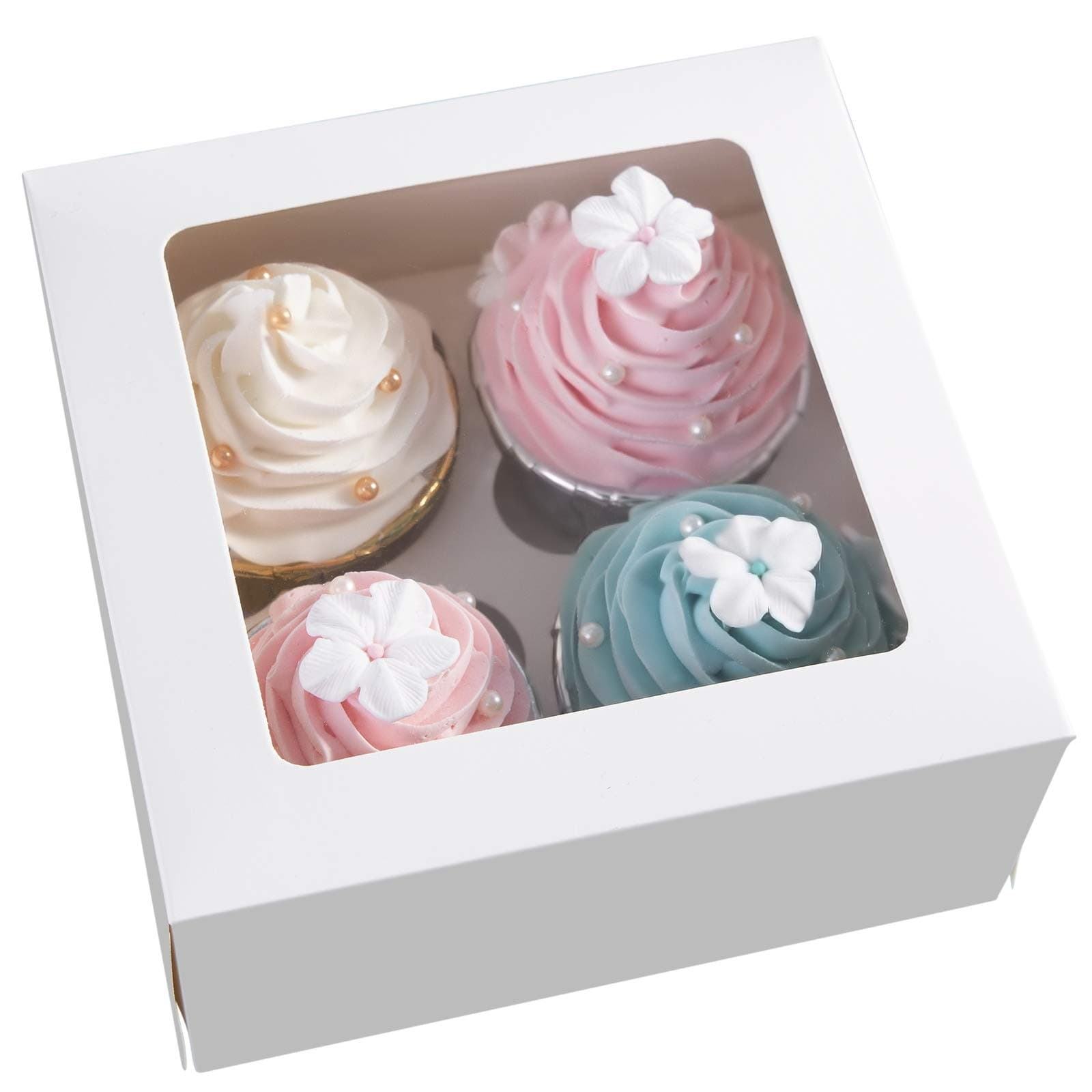 ONE MORE [15pcs] White Paper Cupcake Boxes,Valentines Day Cookie Gift Boxes with Clear Window, Auto-Popup Cupcake Containers Carriers Bakery Cake Box with Insert 4 Cavity (White,15)