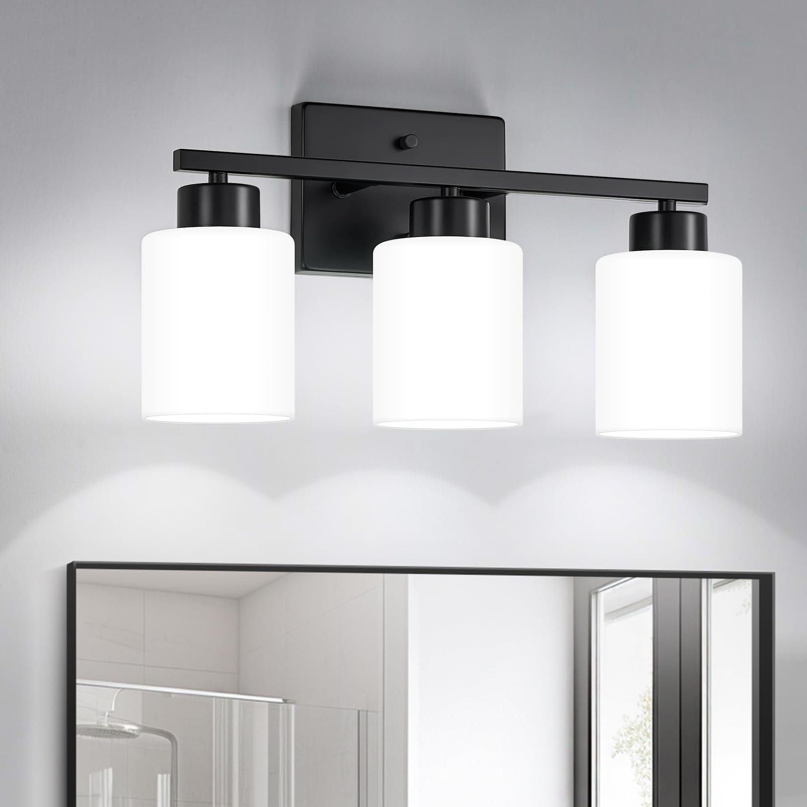 FonmYim Black Bathroom Light Fixtures, 3-Light Modern Vanity Light Over Mirror, Wall Sconces with Milky White Frosted Glass Shades, E26 Socket (Bulbs Not Included)