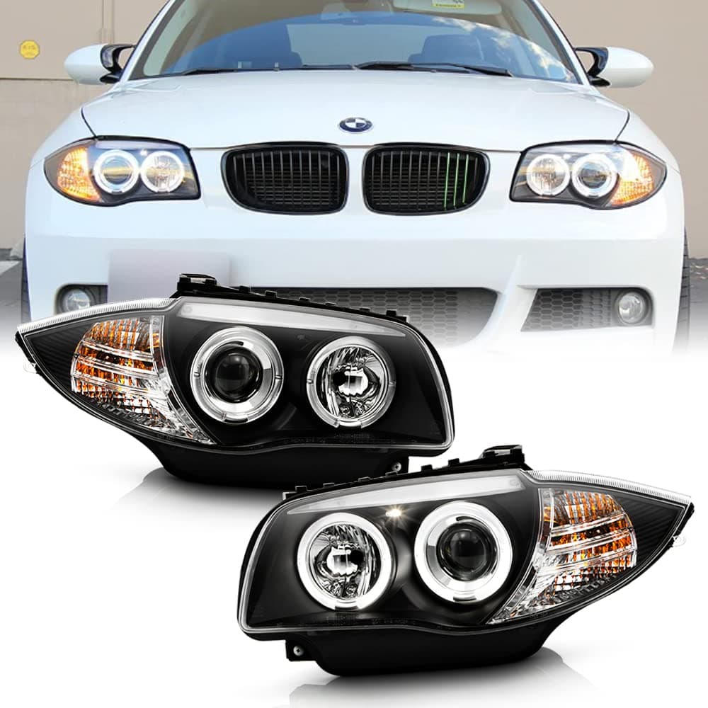 ACANII - For [Halogen Model] 2008-2013 BMW E87 128i 135i Black Housing LED Halo Projector Headlights Headlamps Assembly