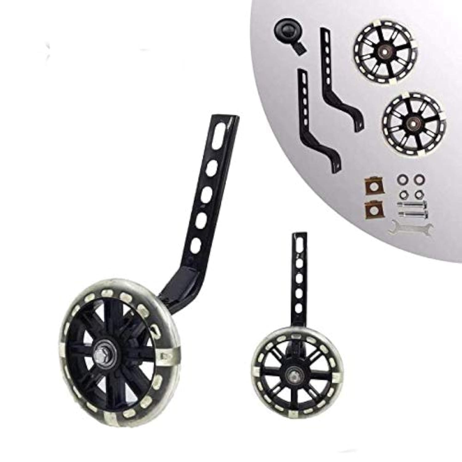 training wheels flash mute wheel bicycle stabiliser mounted Kit compatible for bikes of 12 14 16 18 20 Inch， 1 Pair (Black)