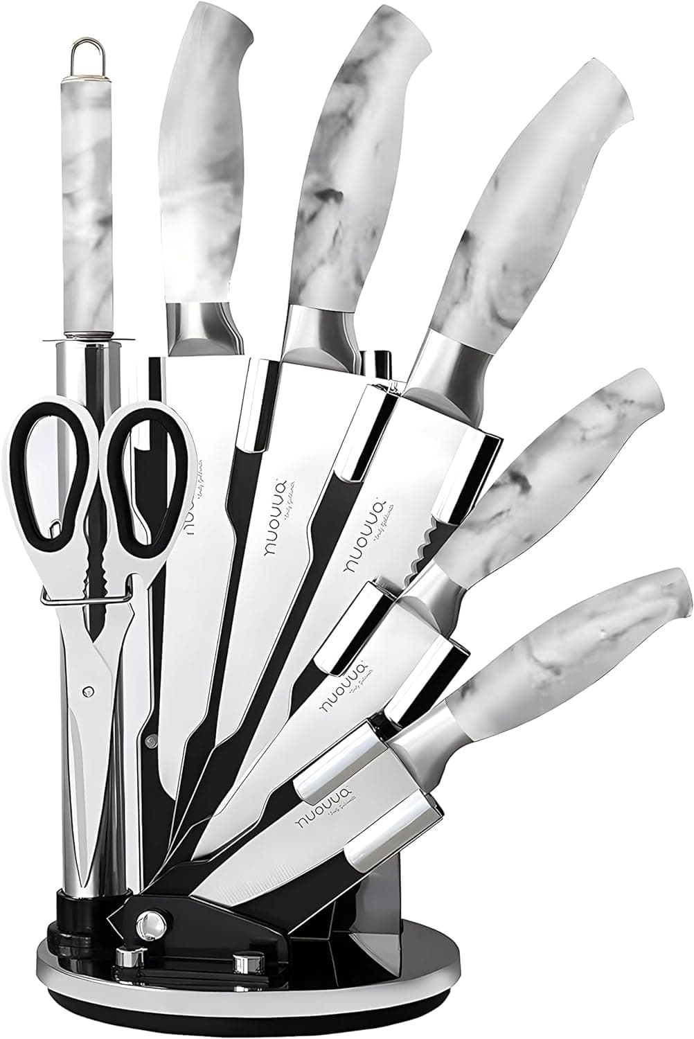 Kitchen Knife Set with Block - 8pcs White Marble Knife Block Set - Stainless Steel Knives - Spinning Block with Sharp Cooking Knives - by Nuovva