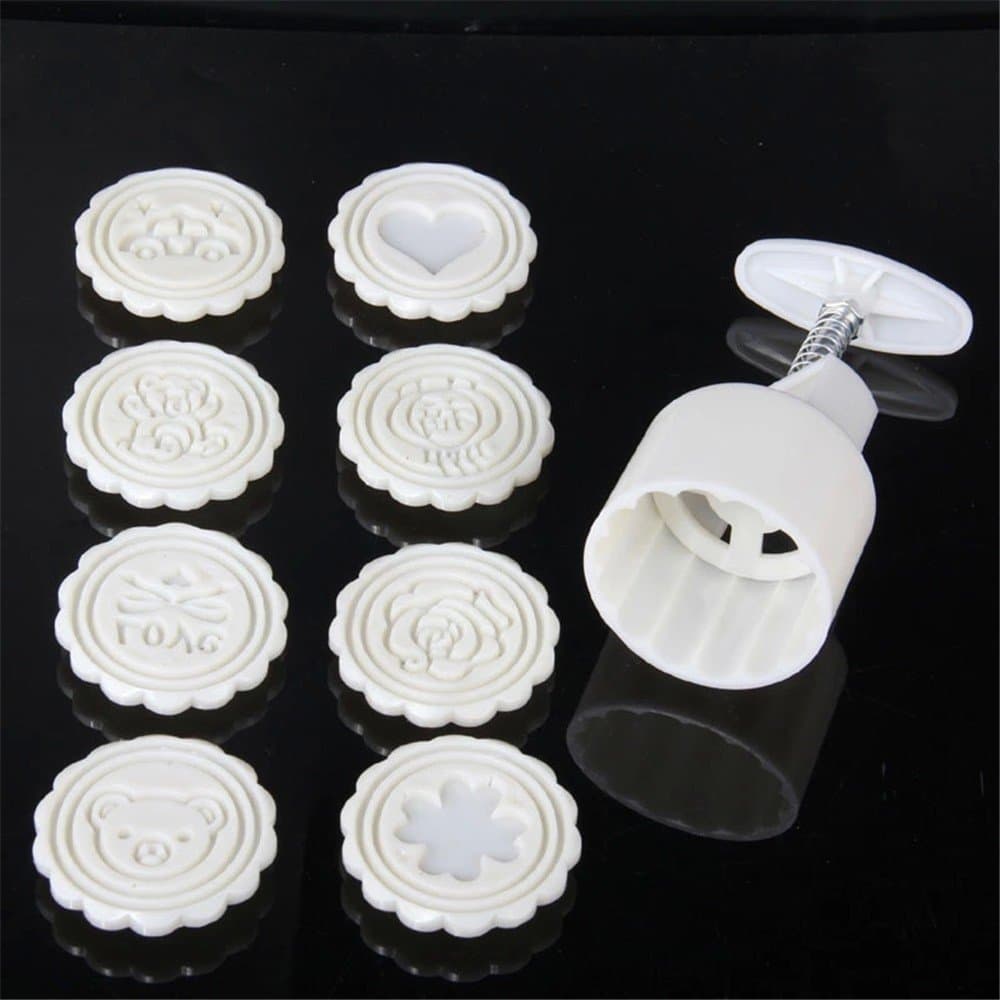Mooncake Mold Press 75g Large 8 Stamps Baking, Chinese Round Flowers Patterns Cavity Cookie Press