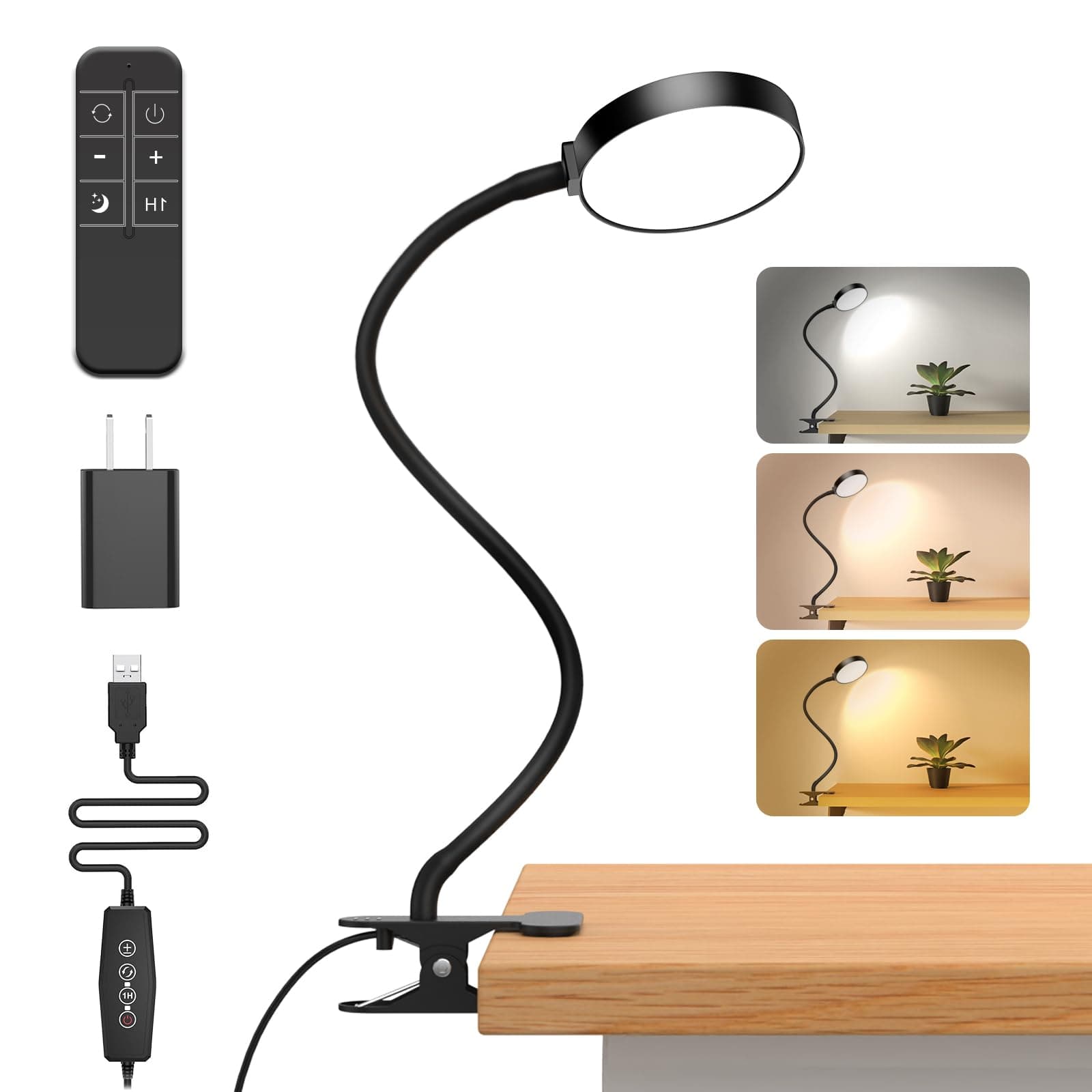 Reading Light with Remote, LED Desk Lamp Clip on [1H Timer & Nightlight] RA>95 Dimmable Flexible Gooseneck, Reading Lamp with Clamp for Table - 3.5'' (Adapter Included)
