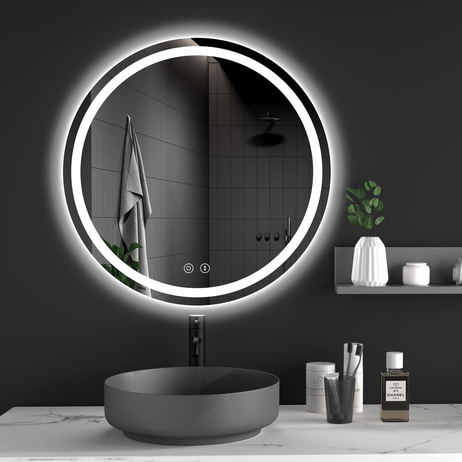 Dripex 500mm Round LED Bathroom Mirror, Illuminated Circle Makeup Vanity Mirror with Demister Pad, Anti-fog, 3 Lighting Modes, Dimmable, Wall Mounted, Front+Backlit, IP44