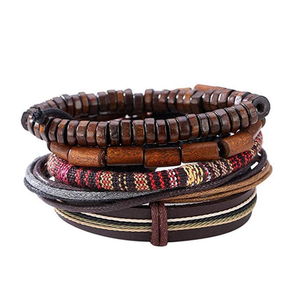 Unisex Mixed Bracelets Adjustable Handmade Multi Strand Braided Cowhide Bracelets Woven Leather Wristbands Wooden Beads Bracelet Wrist(1set of 5 pcs)