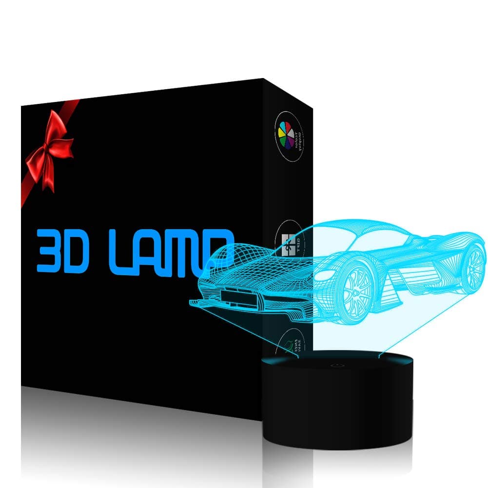 YiKAiLi 3D Illusion Lamp Car LED Night Light, USB Powered 7 Colours Flashing Touch Switch Bedroom Decoration Lighting for Kids Christmas Gift