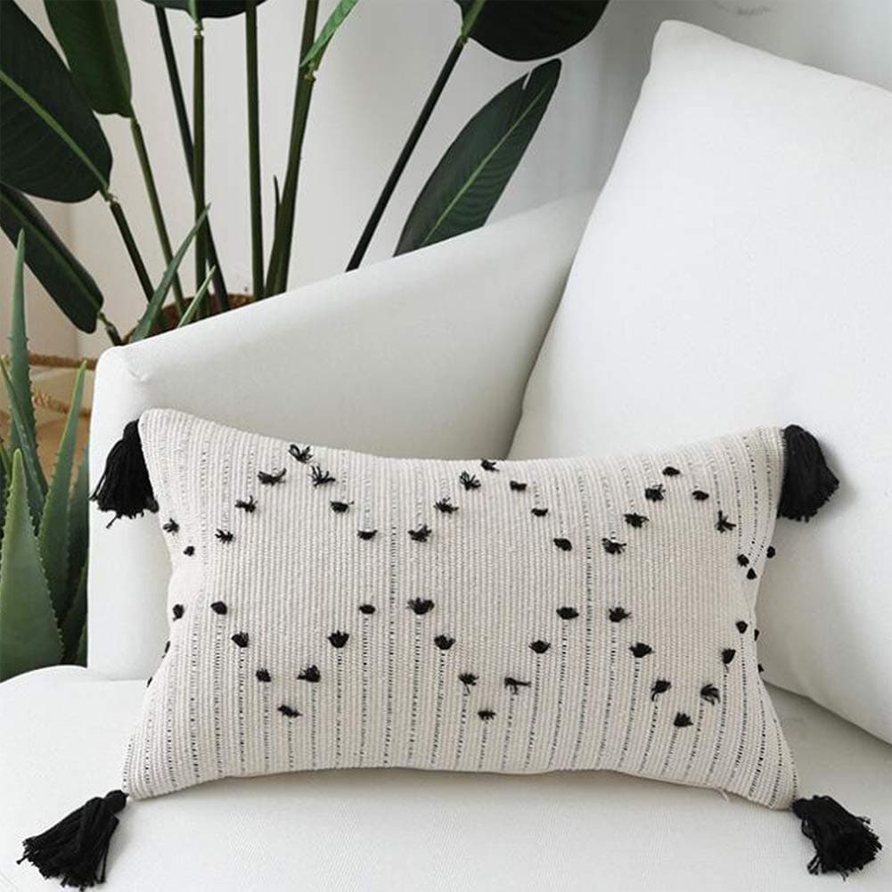 Decorative Boho Throw Pillow Covers - Black and White Woven Cotton Tassel Cushion Case - Lumbar Pillow Cover for Home, Party, Car, Office and Outdoor Decoration 12 x 20 Inch, Geometric