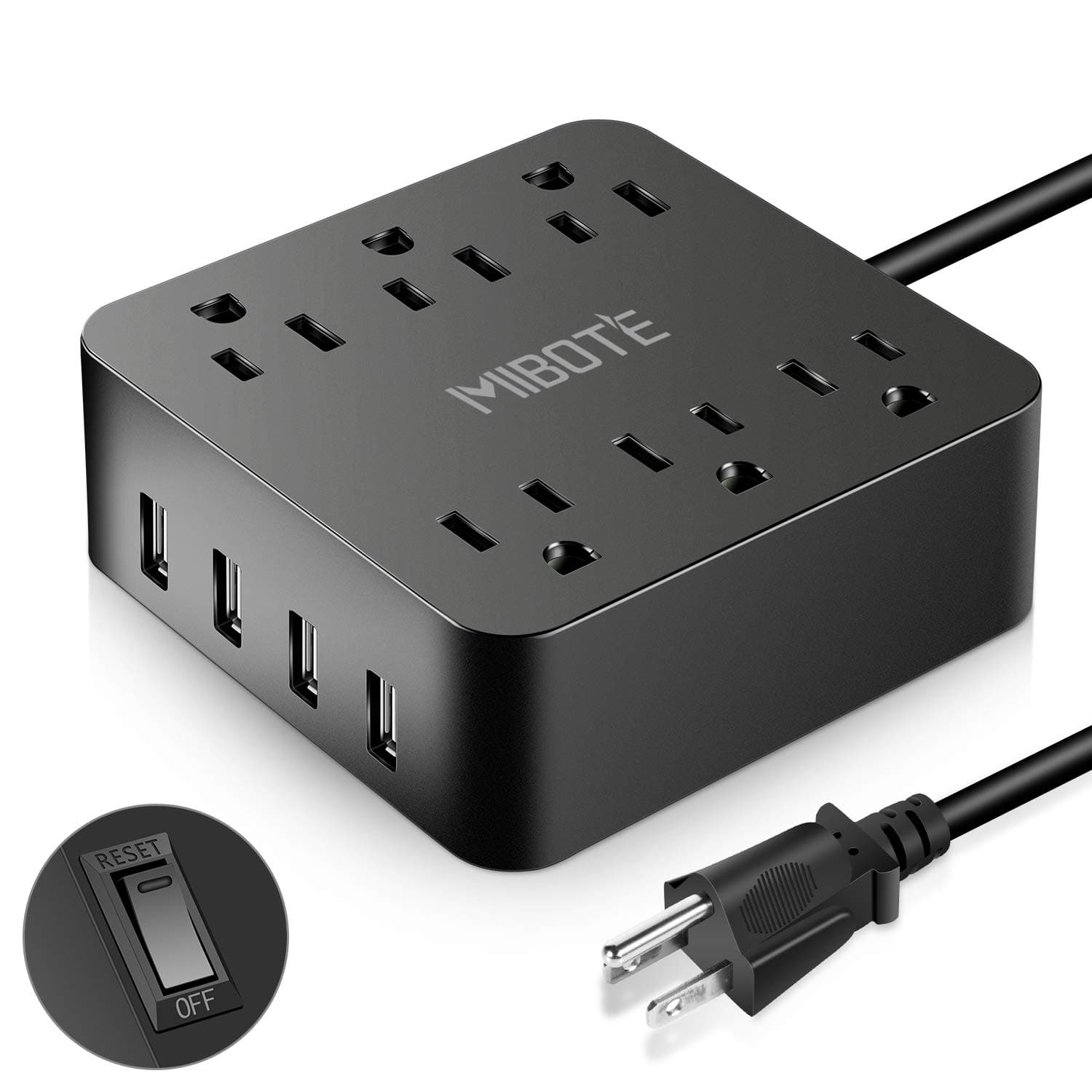 Power Strip with USB, Mibote Smart 4 Outlet Surge Protector Power Strip with 4 Port USB Charger 6ft Power Cord 2500W 100-240V for Travel, TV, Computer, Transformers, Power Bank (Black)