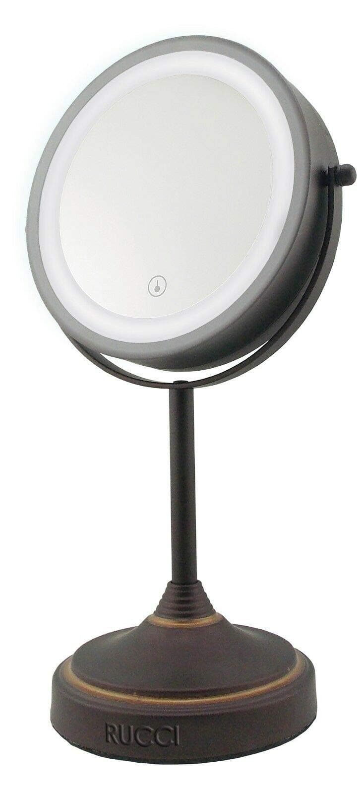 Tabletop LED Light Makeup Mirror, 7x Magnification, Battery Operated, 6.75"x13.5"H Double Sided Revolving, Oil Rubbed Bronze, Chrome Finish by Rucci