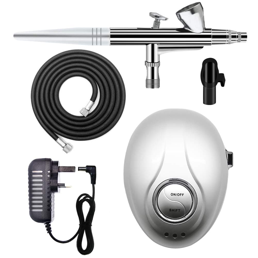 GANZTON G1 Mini Airbrush Compressor Set 30PSI Compressor with 0.4mm Copper Dual Action Airbrush Multi-Purpose Airbrushing Kit for Arts, Beauty Makeup, Temporaty Tattoos, Cake Decorating, Crafts Silver