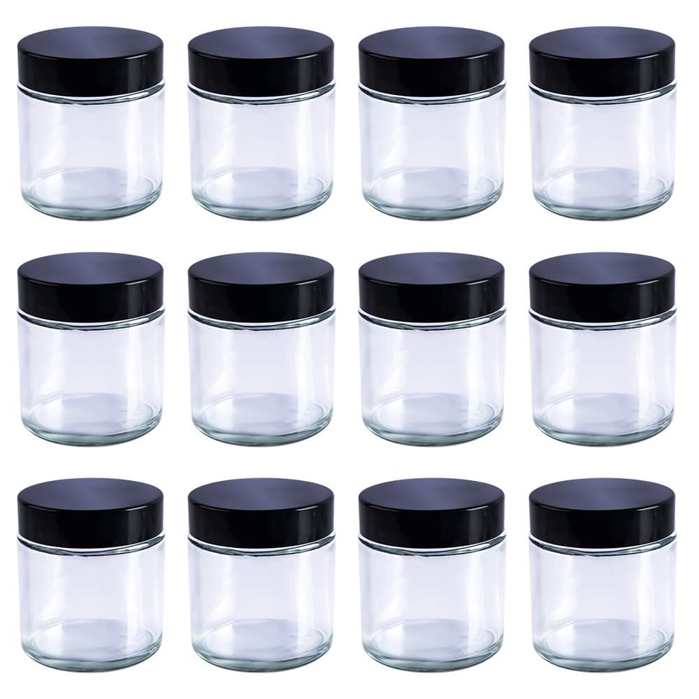 12 pack 4oz 120 ml Empty Clear Glass Cosmetics Jars bottles with White Inner Liners and black Lids.Glass Round Jars Prefect for Cosmetics and Face cream Lotion.