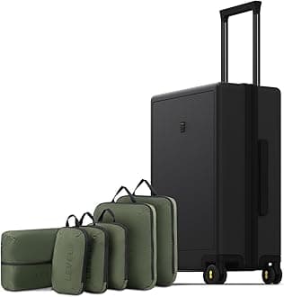 LEVEL8 Carry on Suitcases with 6PCS Travel Packing Cubes, 100% PC Trolley Case Micro-Diamond Textured Design 8 Spinner Wheels Hard Shell, TSA Approved Cabin Luggage (50cm, 40L,Dark Black)