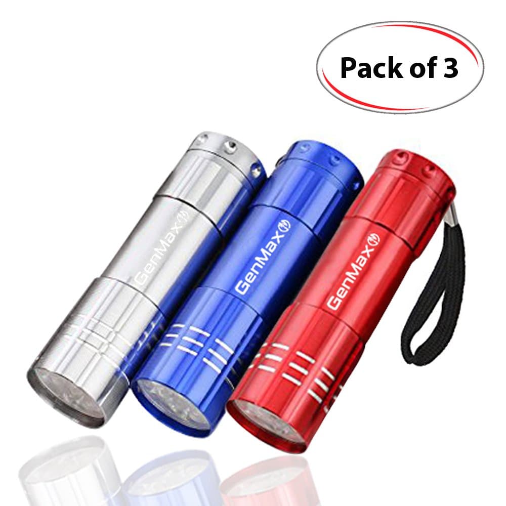 Pack of 3 Super Bright Mini Aluminum 9 LED Flashlight with Lanyard, Assorted Colors, Powered by AAA batteries (Not included), Best Torchlight for Trekking, Hiking, Fishing, Camping, Boating