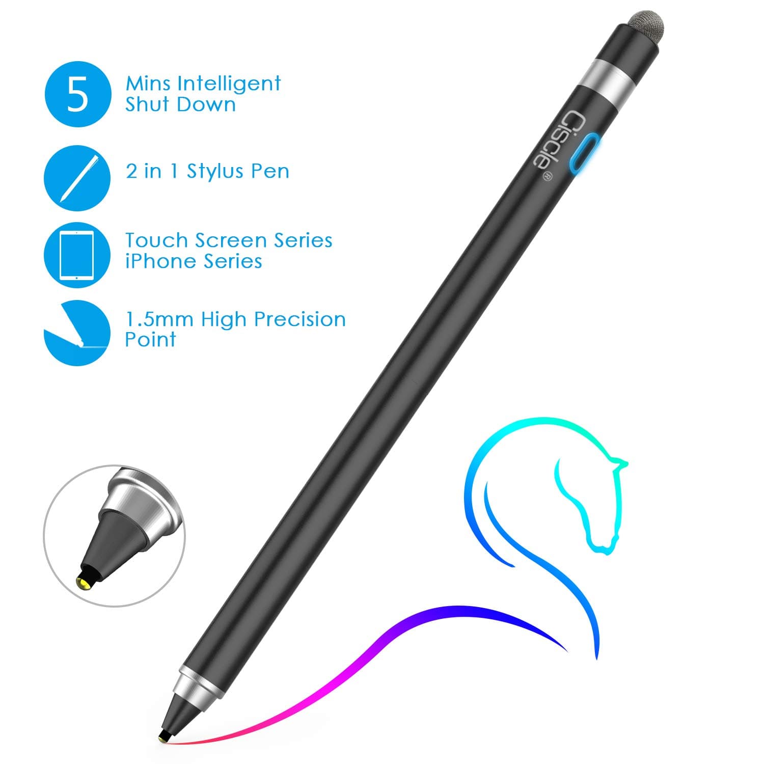 Active Stylus Pen, Ciscle 2 in 1 Digital Pencil with 1.5 mm High-Precision Copper Tip and Mesh Tip, Fine Point Stylus Compatible for iPad, iPhone, Android Tablet and Other Touch Screen Devices-Black