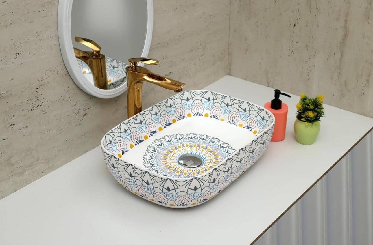 CLUSTER Designer Table Top Wash Basin For Bathroom | Ceramic Bathroom Sink | Over Counter Moroccan Design Wash Basin for Hotel, Resturent (18 x 13 x 5.5 Inch) (Moroccan Design 8)