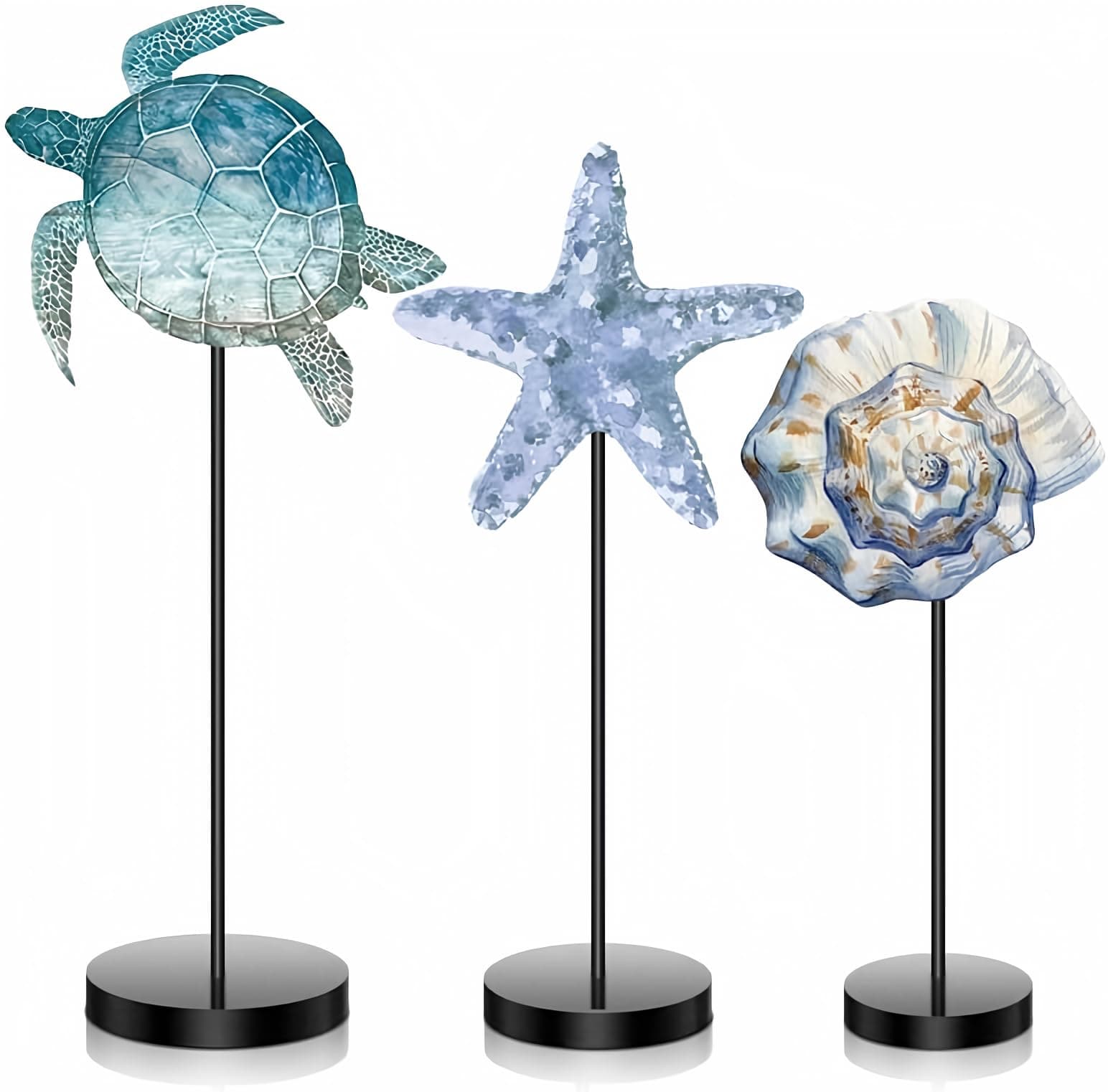 Maitys 3 Pcs Sea Table Decor Coastal Turtle Starfish Decor Ocean Beach Centerpieces Nautical Standing Block Wooden Centerpiece Sign for Summer Holiday Seasonal Home Kitchen