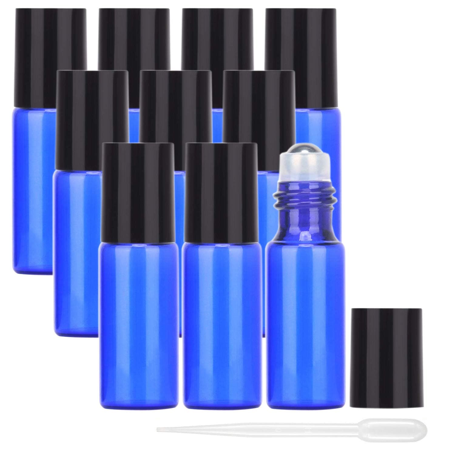 JamHooDirect10Pcs, 5Ml Essential Oils Roller Bottles Refillable Mini Cobalt Blue Glass Roll on Bottles with Stainless Steel Balls, Includes 12Pcs Labels, 1 Dropper & Opener for Aromatherapy