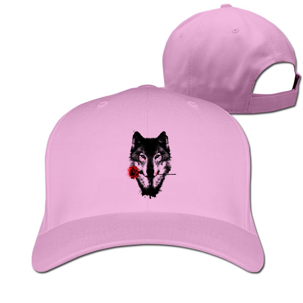 ROCE Men's Black Wolf Red Rose Romantic Wolf Simple Black 100%cotton Baseball Cap One Size Pink