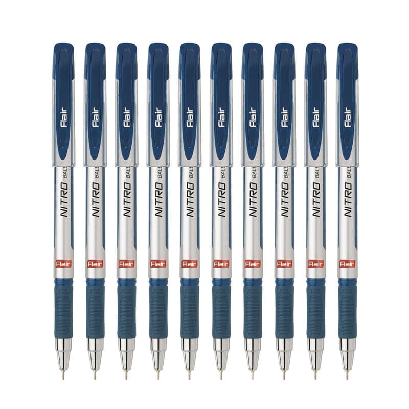 FLAIR Nitro 0.7mm Ball Pen Wallet Pack | Silky Low Viscosity Writing System for Effortless & Uninterrupted Writing | Blue Ink, Pack Of 10