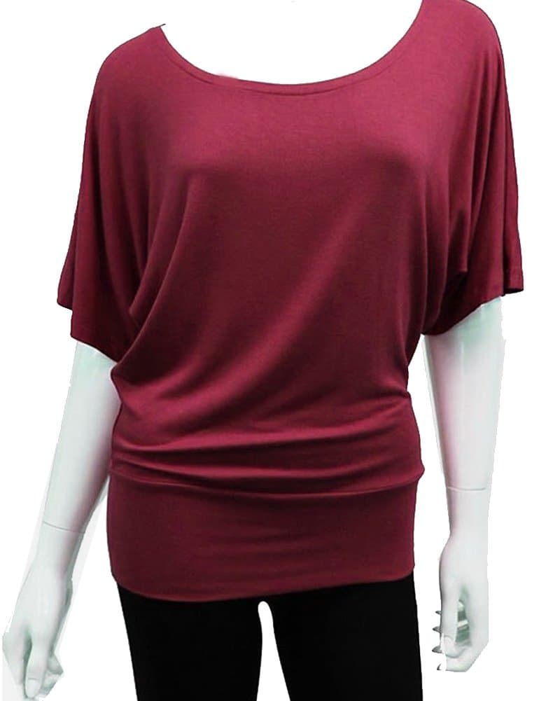 Women's Rayon Span Flowy Draped Dolman 3/4 Sleeve Tunic (Large, Burgundy)