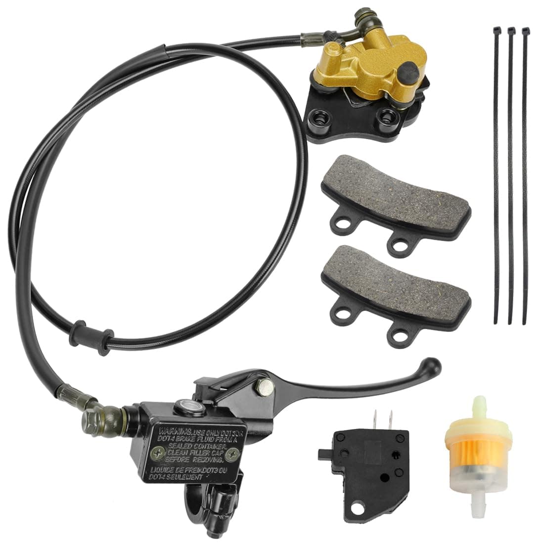 Front Disc Hydraulic Brake Master Cylinder Caliper Assembly and Pads for 50cc 70cc 90cc 110cc 125cc SSR Apollo RFZ Taotao Coolster SDG 107 Thumpstar Pitster Pro DHZ Chinese Pit Dirt Bike Parts