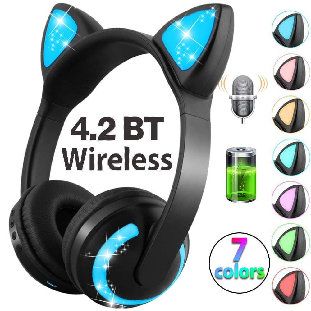 Kids Cat Headphones Bluetooth Wireless Microphone Rechargeable Volume Control 7 Colors LED Glow Lights On/Over Ear Game Headset Adults Boys Girls Tablet Christmas Holiday Birthday Audio Gifts(Black)