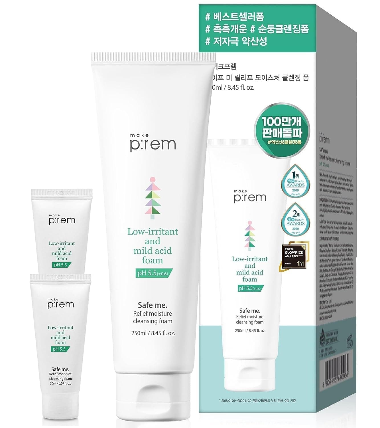 MAKE P:REM Safe Me. Relief Moisture Cleansing Foam 8.45 fl.oz. /250ml, with Safe me.Moisture cream 10m | Sub acid pH 5.5 Facial Cleanser Suitable for Sensitive and Irritated Skin by