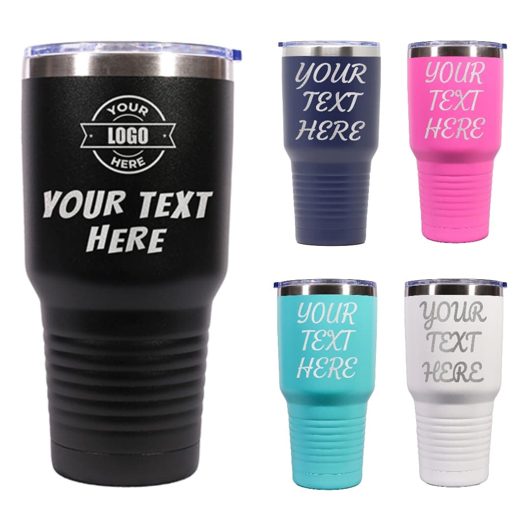 Custom Personalized Your Text, Name, Logo Laser Engraved Jumbo Coffee Tumbler 30 oz. Stainless Steel Vacuum Insulated Travel Mug Cup with Lid