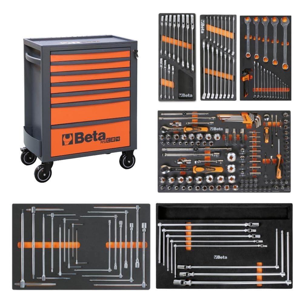 Beta RSC24KIT Rolling 7 Drawer Orange Tool Cabinet with Foam Tray Tool Sets and 195 Accessories
