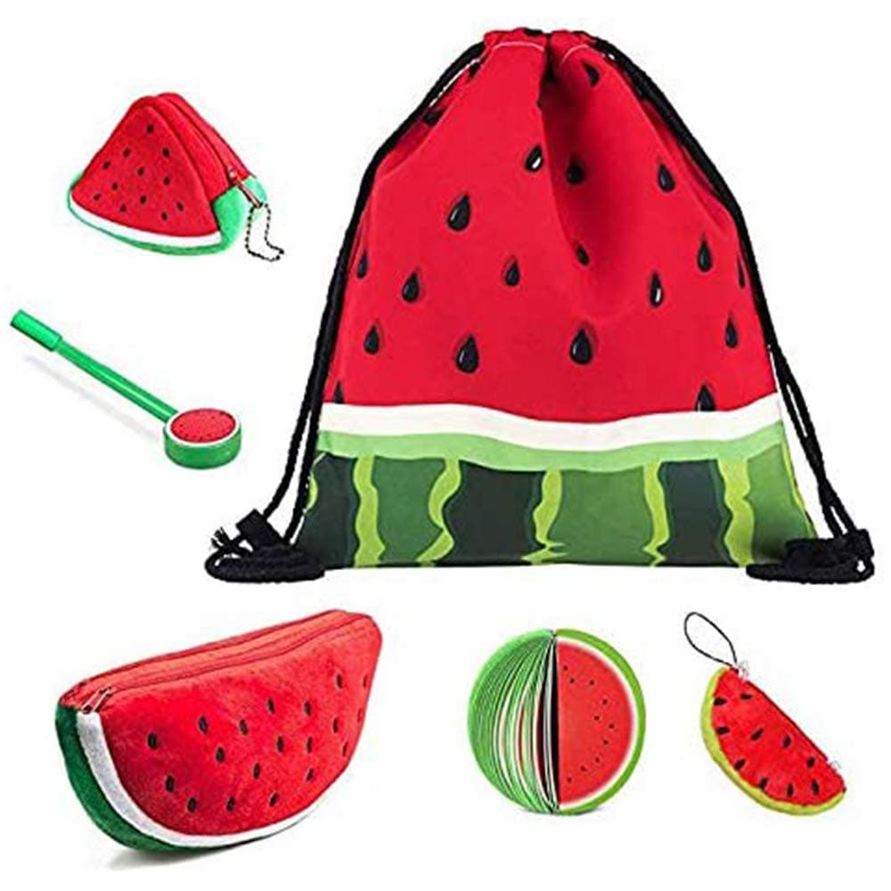 Watermelon Backpack Drawstring Bag, Cute Large Plush Pencil Case Holder, 3D Coin Purse Key Holder Bags, Keychain Pendant Decorations, Fruit Notepads with Pen for Boy Girl Students (Set of 6)