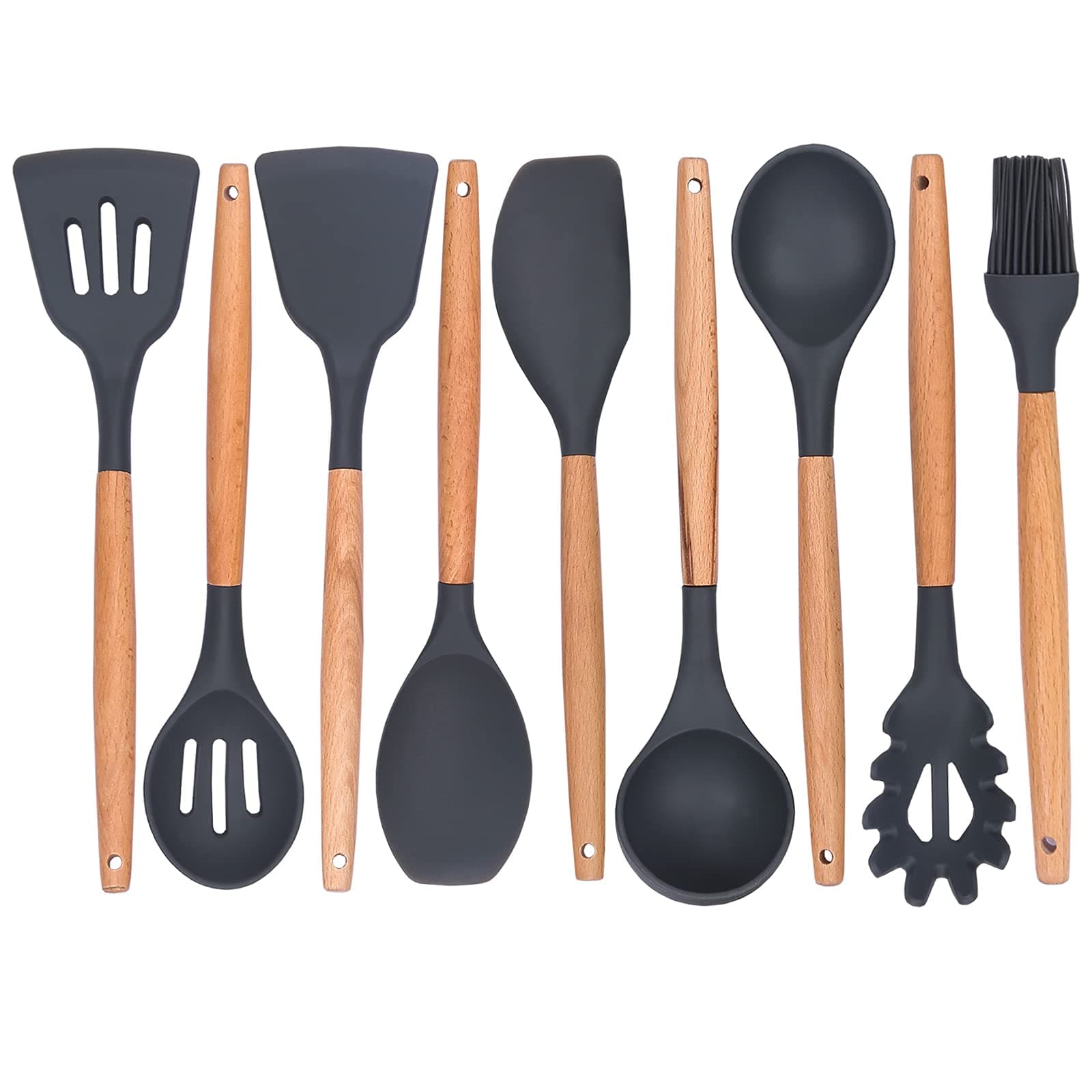 ONMIER Kitchen Cooking Utensils Set, 9 pcs Non-stick Silicone Cooking Kitchen Utensils Spoon Spatula Set,BPA Free Wooden Handle Silicone Kitchen Gadgets Utensil Set (Grey)