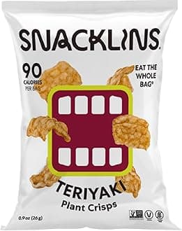 - SNACKLINS Plant-Based Crisps – Teriyaki Flavor | 12 Pack of 0.9oz Bags | Vegan, Gluten-Free, Grain-Free, Kosher | Crunchy Puffed Snack with Only 90 Calories Per Bag | Healthy Low-Calorie Chips