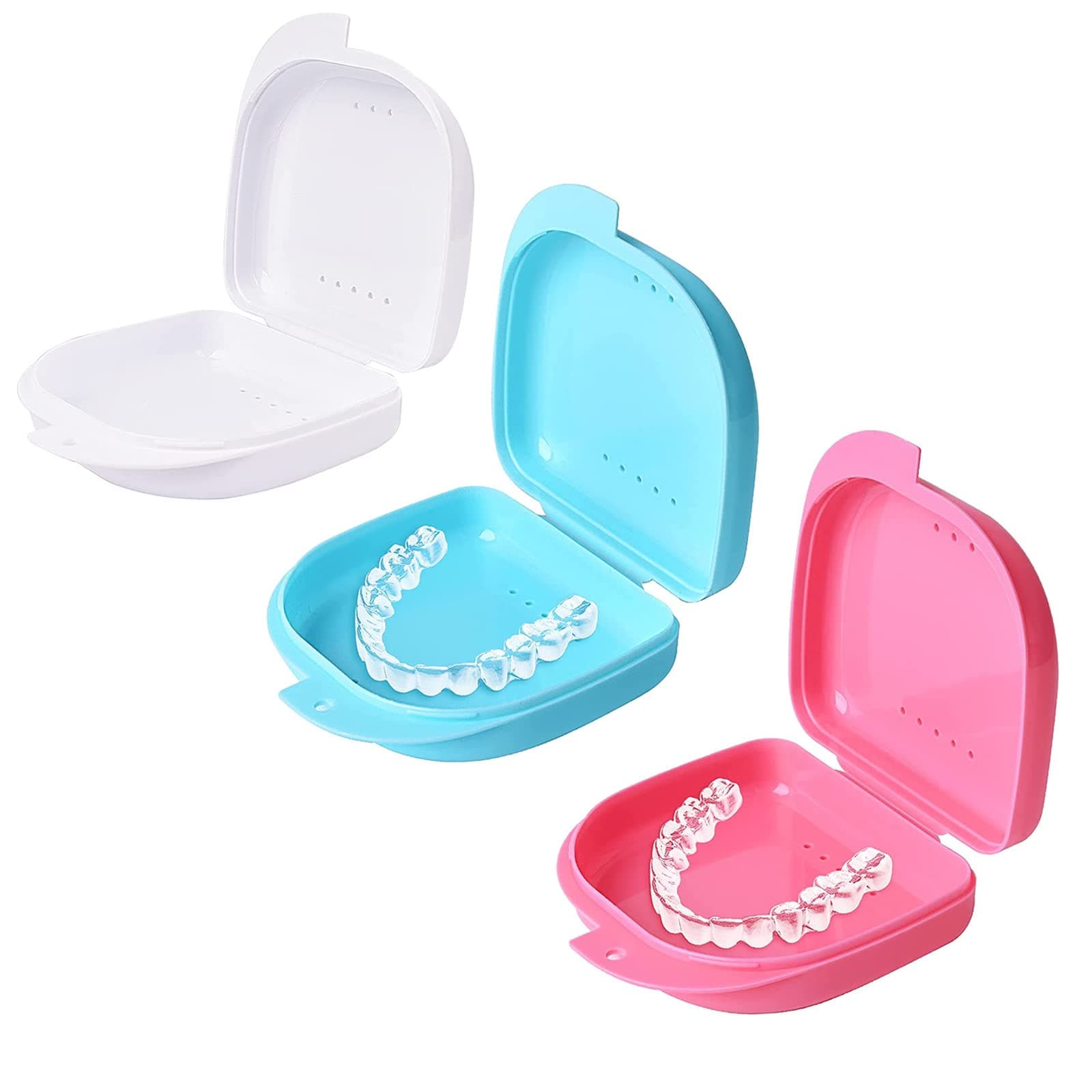 Elecdon Retainer Box Case Container Partial Mouth Guard Denture Orthodontic Storage Boxes With Vent Holes (Pink/Light Blue/White)