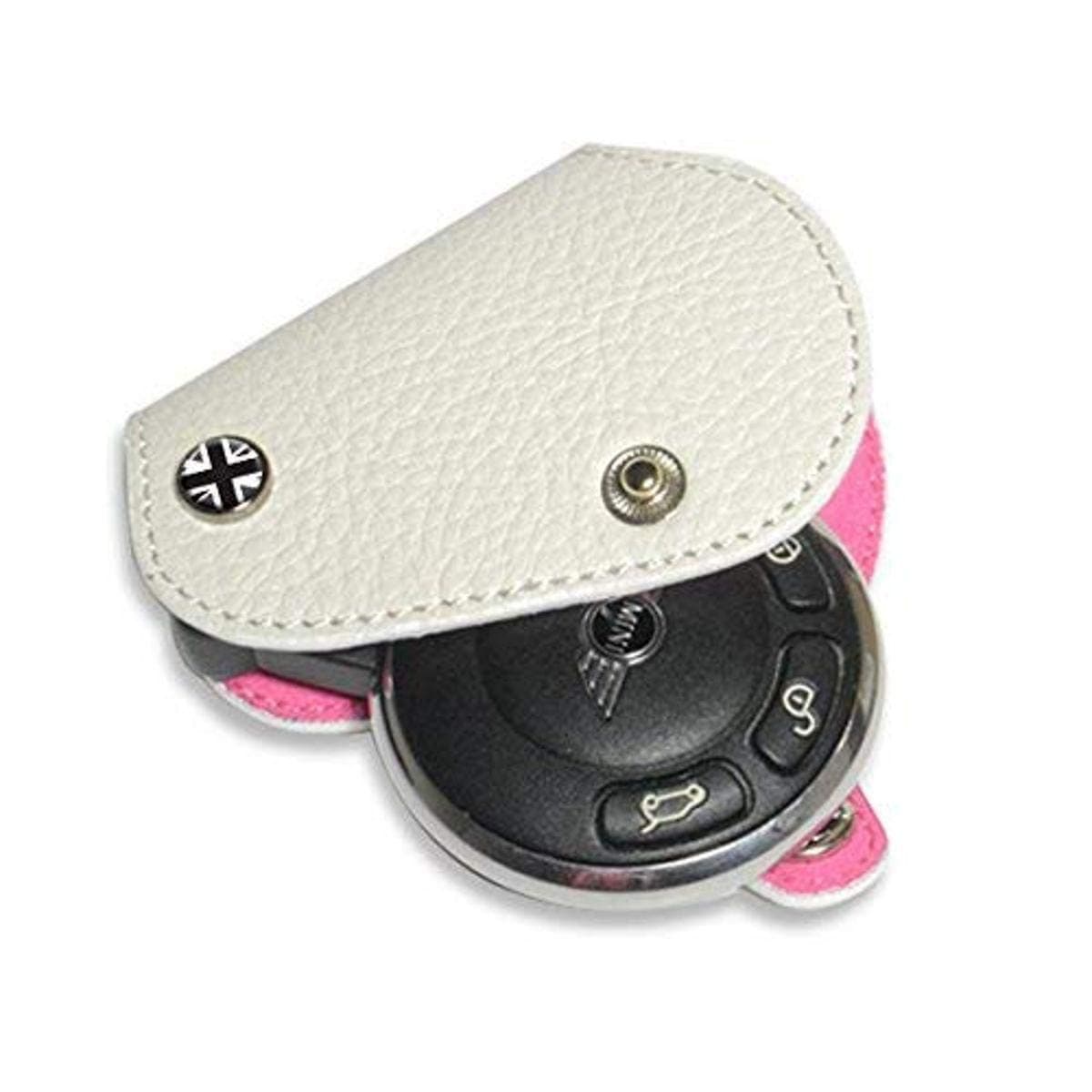 KC069 White - Mini Cooper Leather Key Fob with Pink Microfiber - Blackjack/Fits R55,R56,R57,R58,R59,R60,R61
