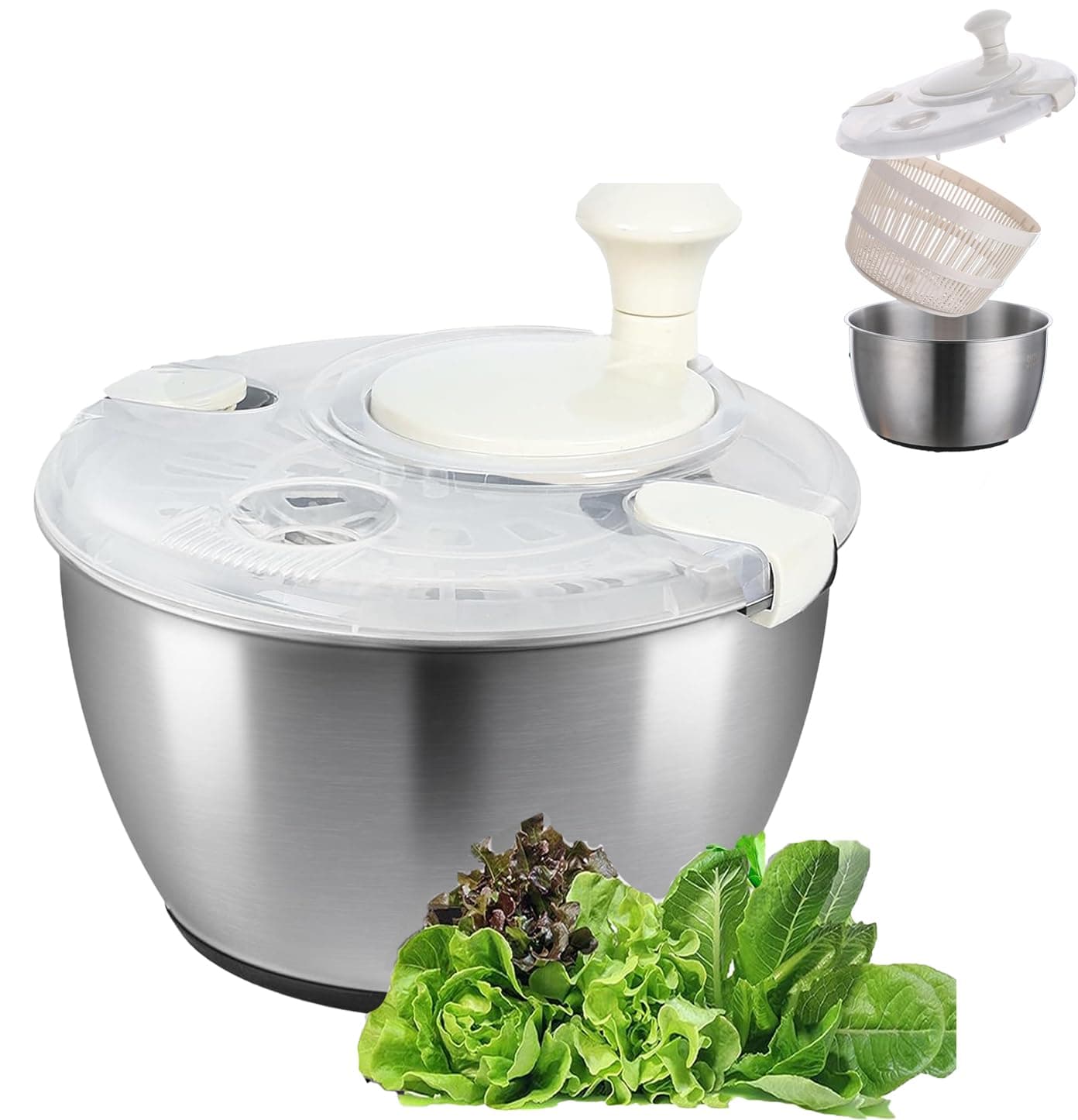 Salad Spinner Stainless Steel, Lettuce Spinner Multi-Use Fruit Washer with Bowl & Colander, for Washing, Cleaning & Drying Greens, Vegetables, Easy to Clean, Large 5L Capacity