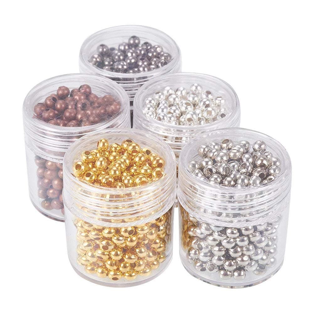 1350pcs 3mm Spacer Beads, Smooth Tiny Spacers Metal Iron Round Ball Loose Beads Gold Plated Seed Beads for Summer Hawaii Stackable Earring Necklace Bracelet Jewelry Making 5 Color