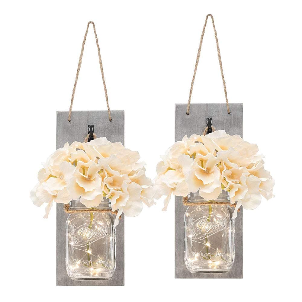 LED String Light, 1 Set of 2 Packs Vintage Mason Jar Wall Light with Artificial Flower, LED Starry Hanging Lantern Retro Wall Sconce for Loft Kitchen Living Room