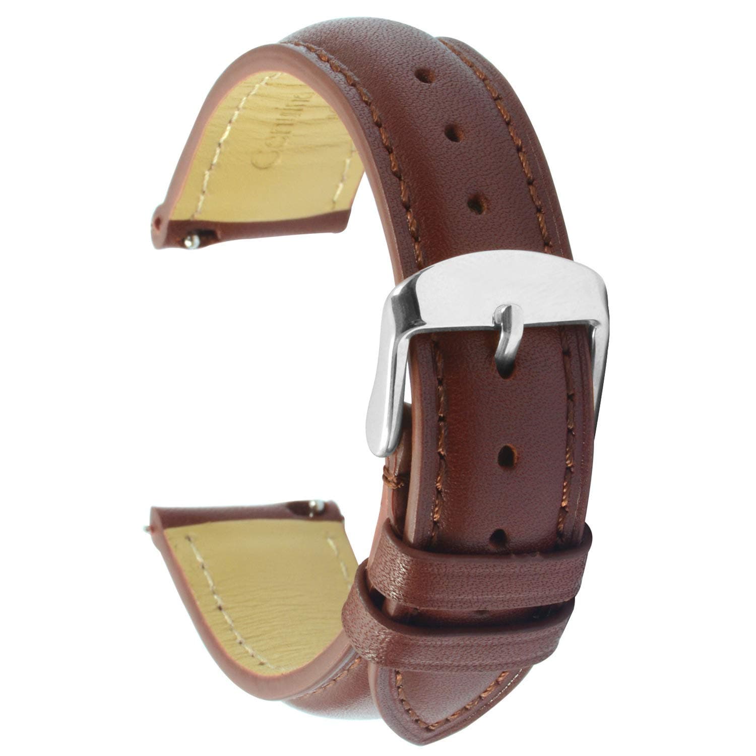 Quick Release Leather Watch Strap 19mm Brown Replacement Genuine Calfskin Watch Band Polished Pin Clasp Buckle