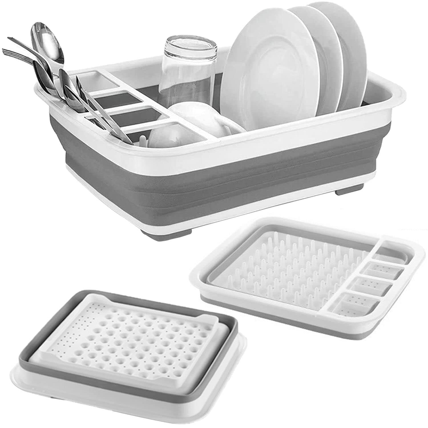UMIKAkitchen Collapsible Dish Drying Rack - Popup and Collapse for Easy Storage, Drain Water Directly into the Sink, Room for Eight Large Plates, Sectional Cutlery and Utensil Compartment