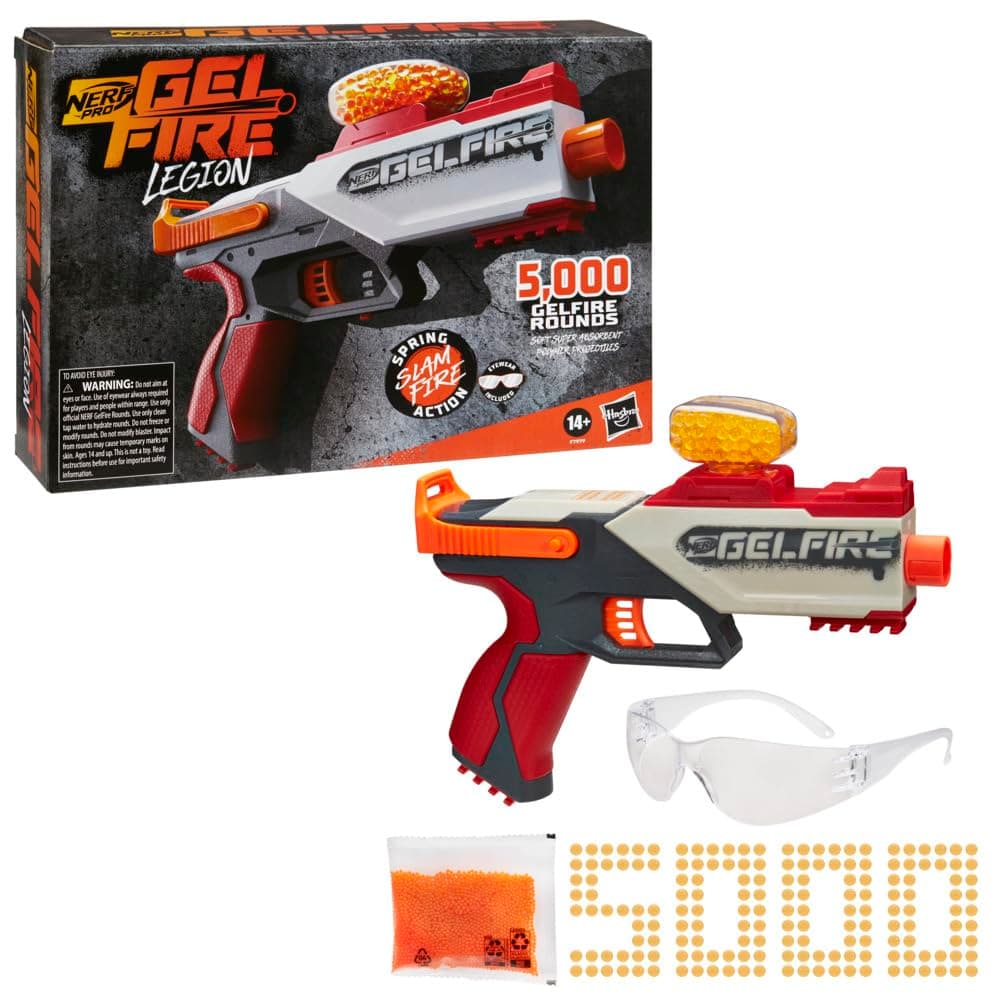 Nerf Pro Gelfire Legion Spring Action Blaster, 5000 Gelfire Rounds, 130 Round Hopper, Protective Eyewear, Slam Fire, Ages 14 & Up